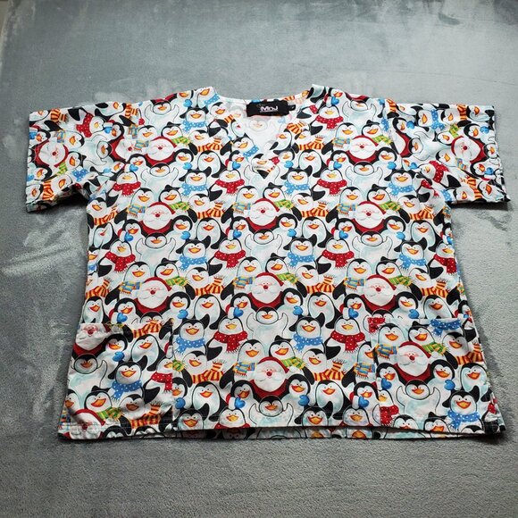 MNJ V-Neck Scrub Top Santa Claus with Penguins Holiday Theme Print 2 Pckts Sz XL - Picture 1 of 10